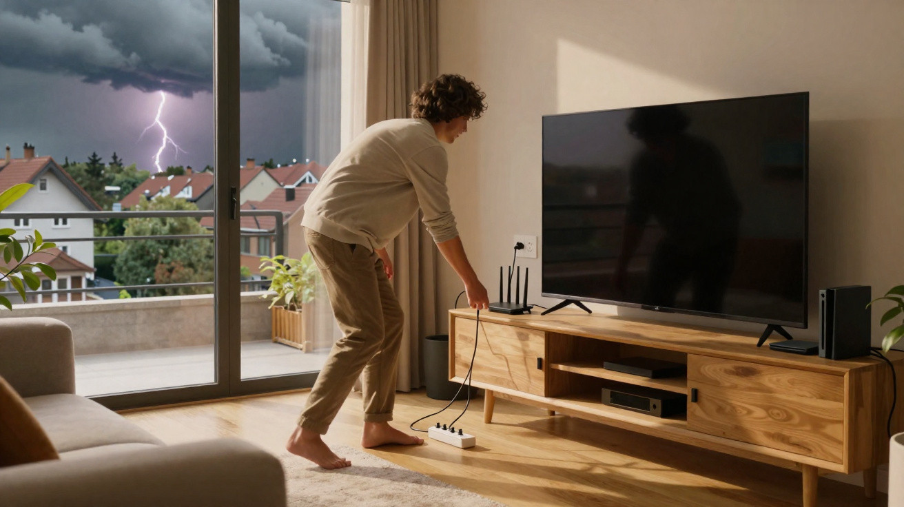 Mann verbindet Kabel mit Steckdose im Wohnzimmer, draußen Blitz und Gewitter hinter Glasfront sichtbar.