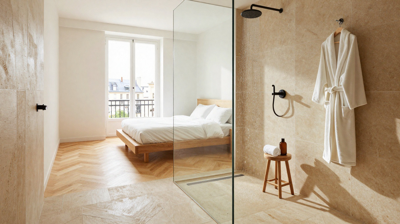 Modernes Schlafzimmer mit verglaster Dusche, Holzfußboden und schlichtem weißem Bett an Fensterfront