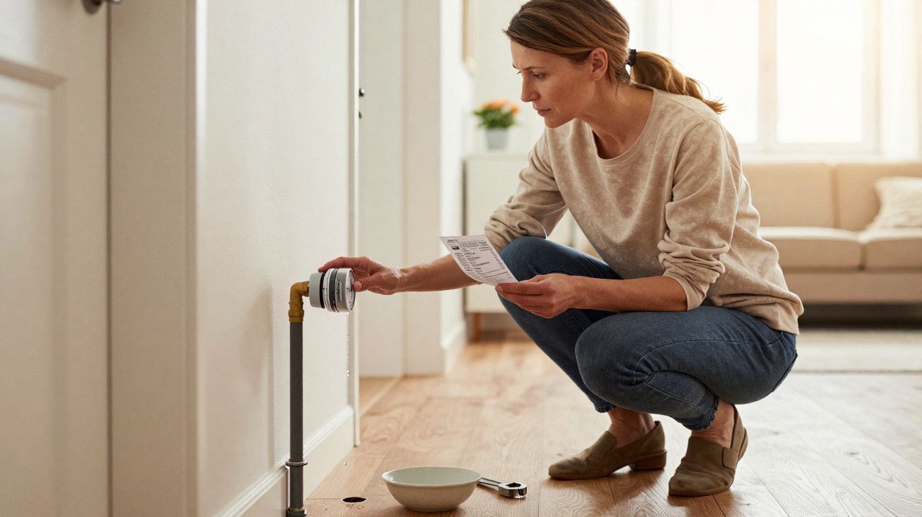 Frau überprüft Heizkörperthermostat und Heizkostenabrechnung in modernem Wohnzimmer mit Holzboden.