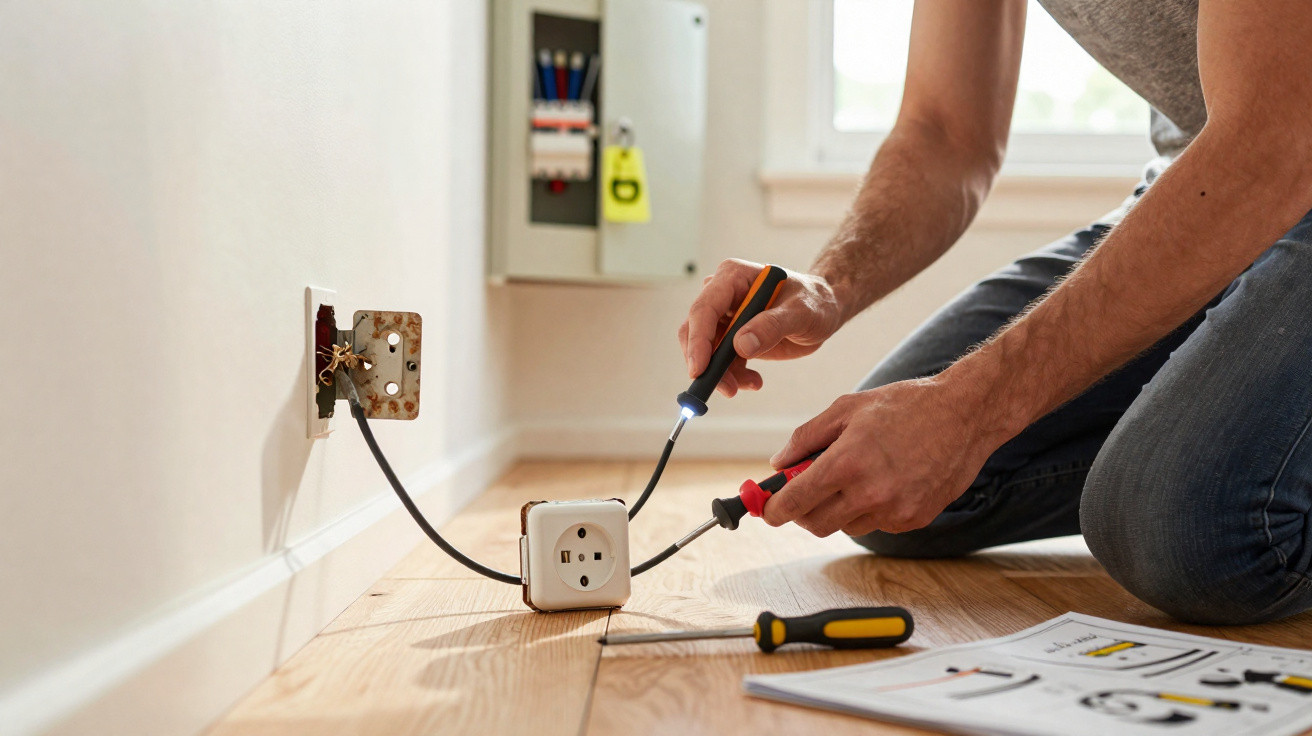 Elektriker repariert Wandsteckdose mit Schraubenziehern und Schaltplan auf Holzboden.