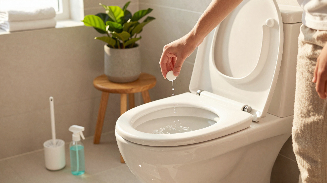 Hand gibt Reinigungstablette in offenes WC in modernem Badezimmer mit Pflanzen und Reinigungsmitteln.