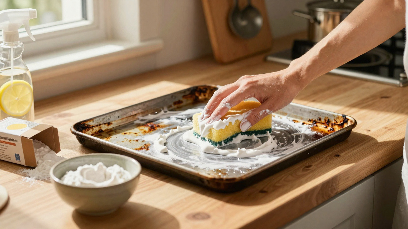 Hand schrubbt Backblech mit Schwamm und Reinigungsmittel auf Holzarbeitsplatte in Küche.