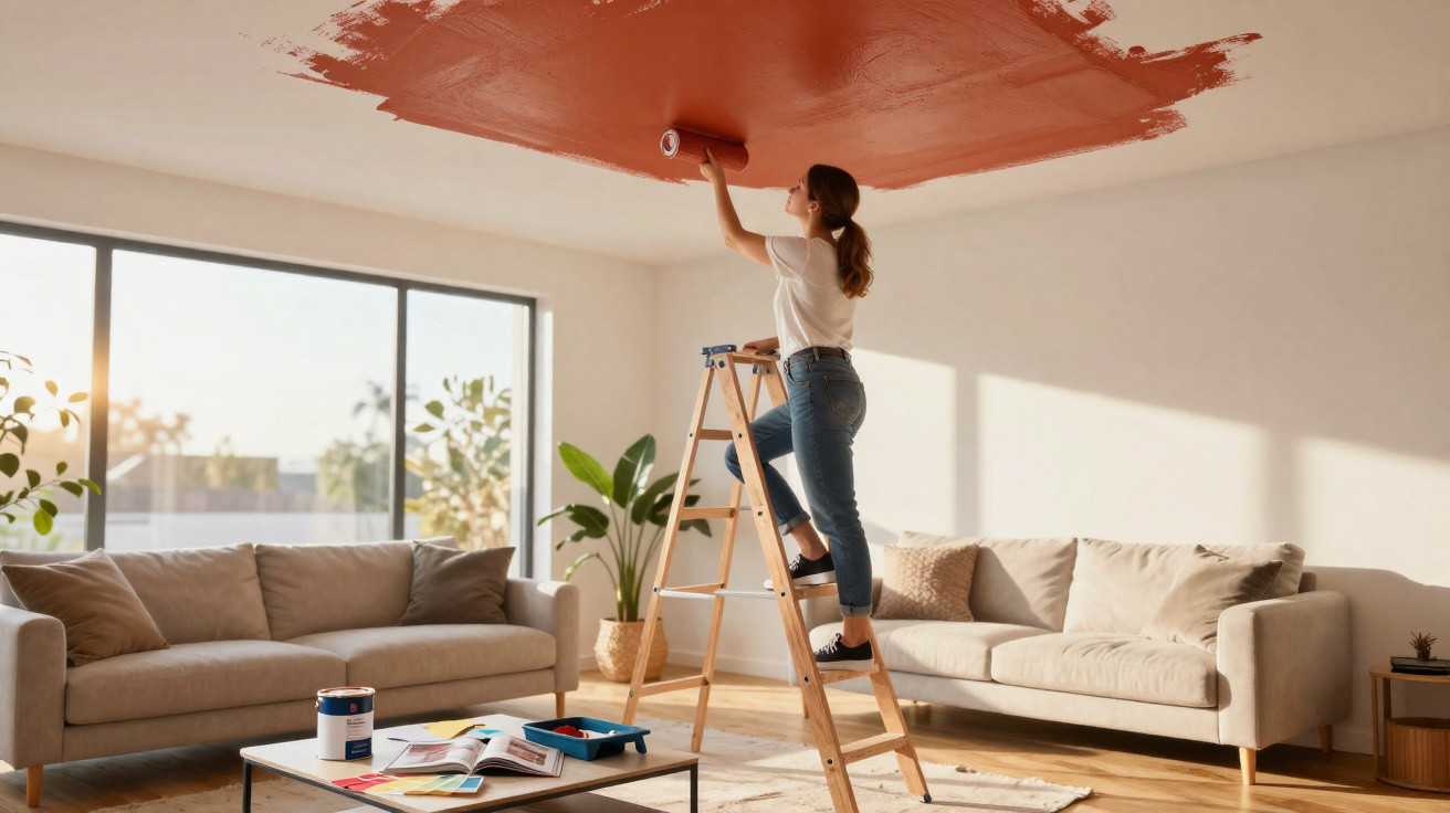 Frau auf Leiter streicht Wohnzimmerdecke mit roter Farbe, helle Sofas und große Fenster im Hintergrund.