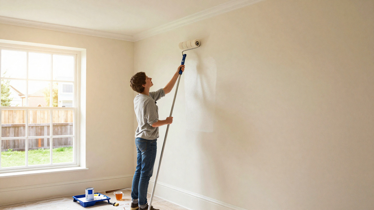 Person streicht mit Farbroller eine helle Wand in einem leerstehenden Raum mit großen Fenstern.