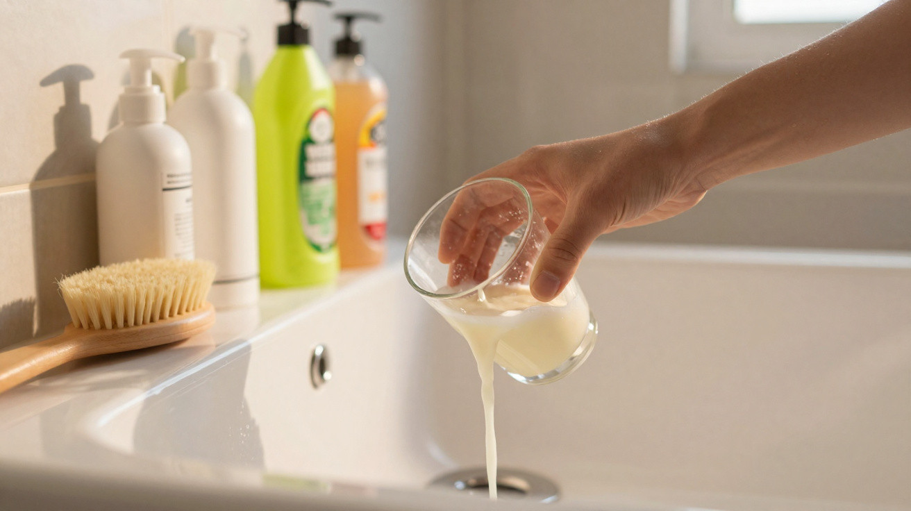 Hand gießt weiße Flüssigkeit aus einem Glas in ein Waschbecken mit Reinigungsmitteln und Bürste daneben.