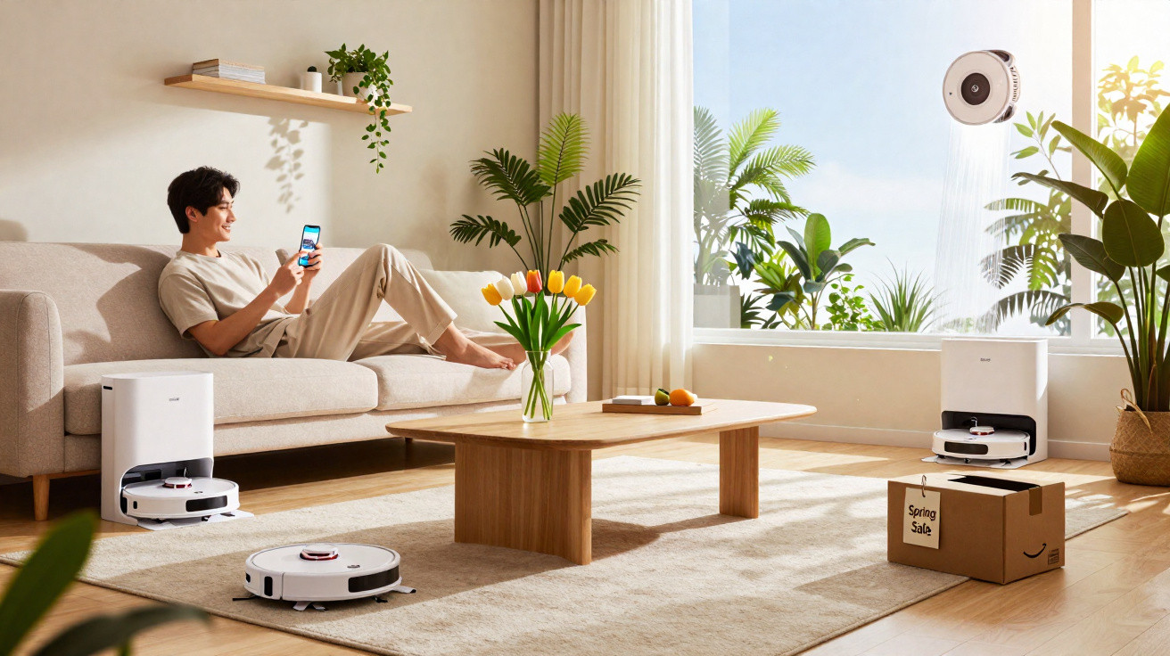 Mann entspannt auf Sofa, steuert Roboterstaubsauger in modernem Wohnzimmer mit Pflanzen und viel Tageslicht.