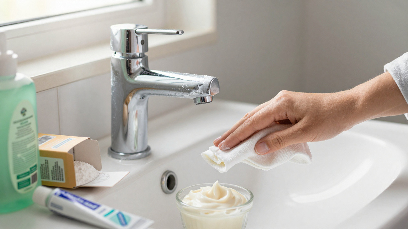 Hand mit Waschlappen über einem Waschbecken, daneben Creme, Zahnpasta und Seife auf Waschbeckenrand.