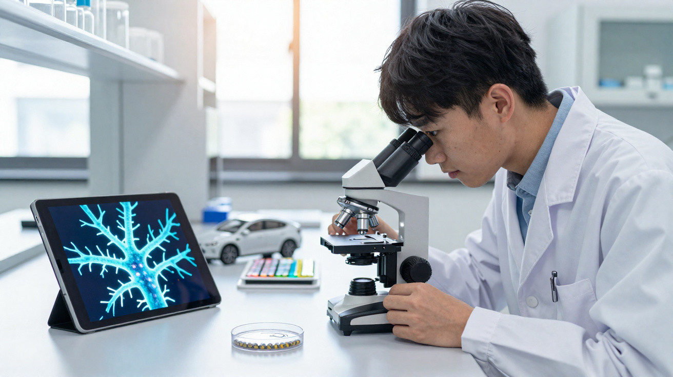 Junger Wissenschaftler im weißen Kittel untersucht eine Probe mit Mikroskop in hellem Laborraum.
