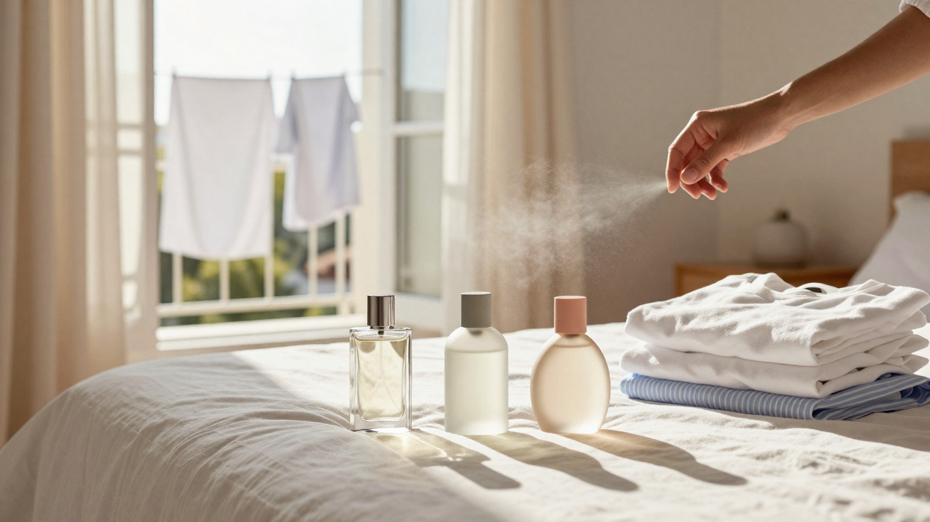 Drei Parfümflaschen auf Bett, Hand sprayt Duft, gewaschene Kleidung, offene Balkontür mit Wäsche draußen.