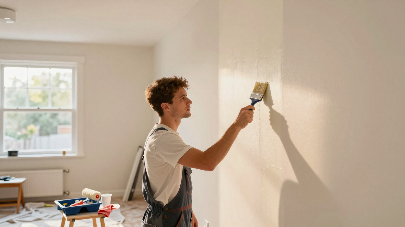 Junger Mann im Overall streicht mit Pinsel eine helle Wand in einem sonnendurchfluteten Zimmer.