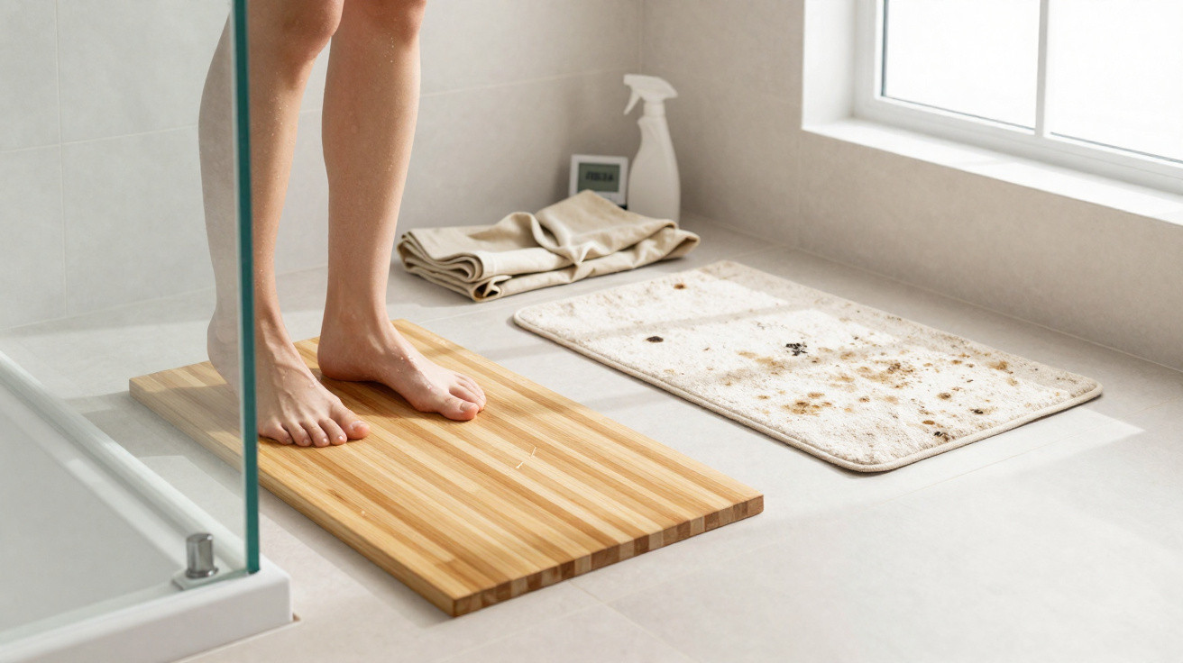Füße auf Holzbadmatte neben schmutzigem Teppich in heller moderner Badezimmerumgebung mit Fenstereinstrahlung