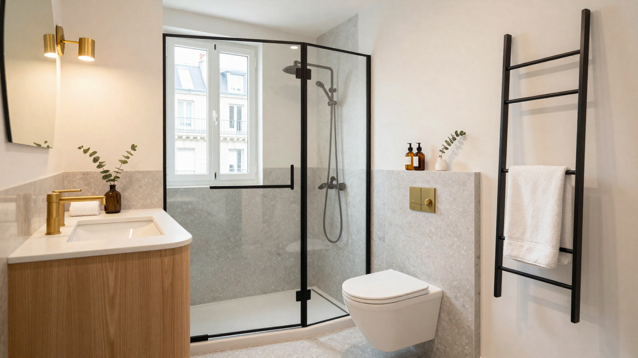 Modernes Badezimmer mit Glasdusche, Holzwaschtisch, WC und Leiter-Handtuchhalter in hellem Design.