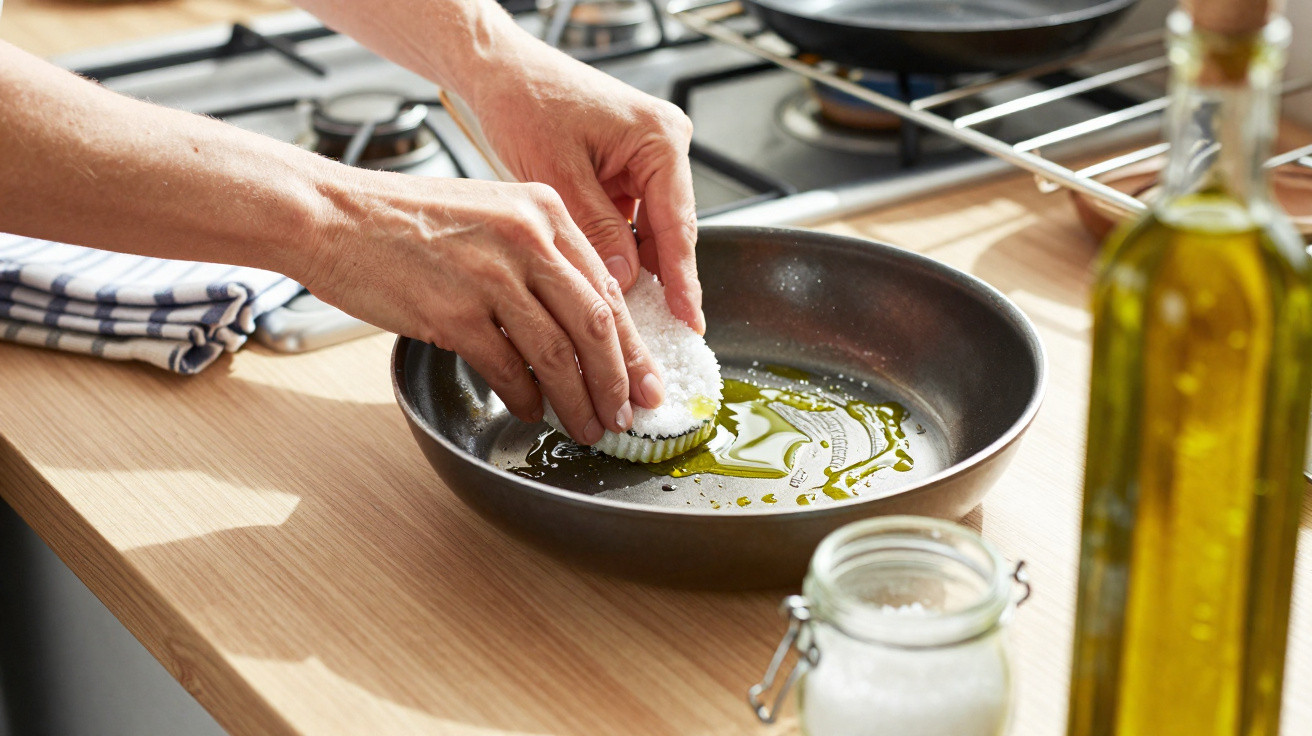 Hände bestreichen eine Bratpfanne mit Olivenöl und einem salzigen Schwamm in einer modernen Küche.