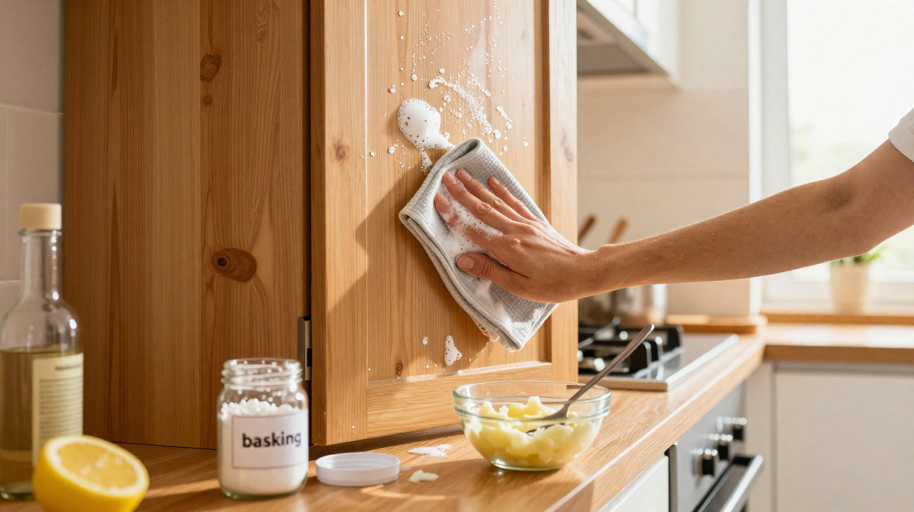 Hand wischt mit Tuch Schaum von Holzschrank in heller, moderner Küche ab.