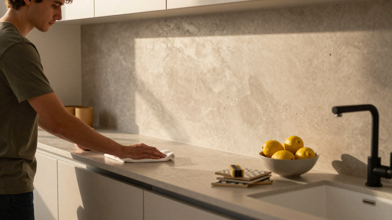 Mann wischt Küchenarbeitsplatte, weiße Schüsseln mit Zitronen, moderner Wasserhahn, morgendliches Sonnenlicht.