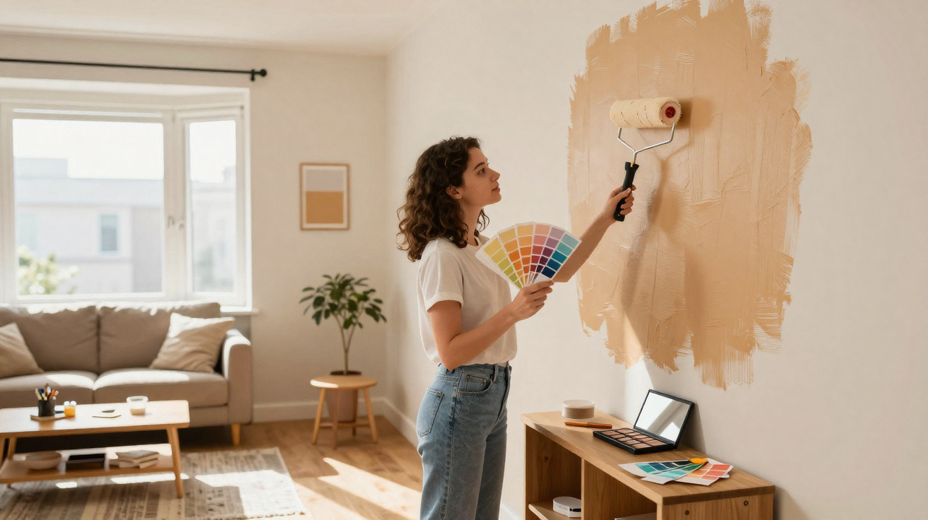 Frau wählt Farbton und streicht Wand in hellem Beige in modernem Wohnzimmer mit viel Tageslicht.