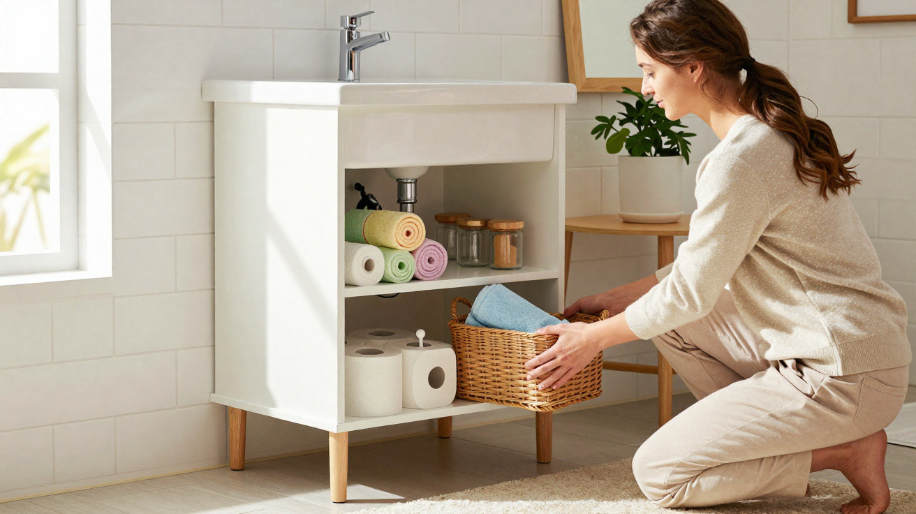 Frau organisiert Wäschekorb unter weißem Waschbecken in hellem Badezimmer mit Handtüchern und Toilettenpapier.