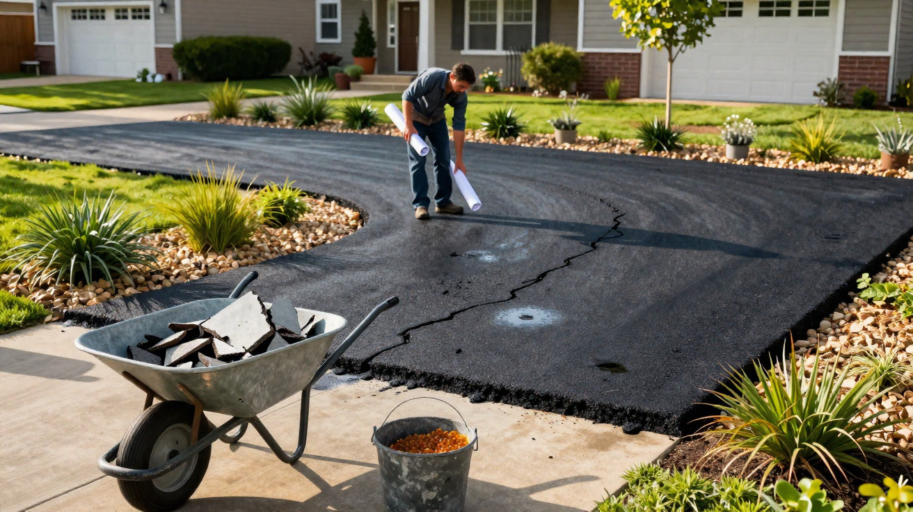 Mann inspiziert frischen Asphalt mit Plänen vor einem Wohnhaus, Schubkarre und Eimer im Vordergrund.