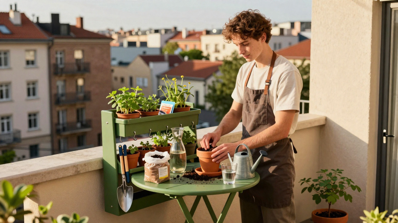 Junger Mann gießt Pflanzen und pflanzt auf einem Balkon mit urbaner Kulisse bei Sonnenlicht.