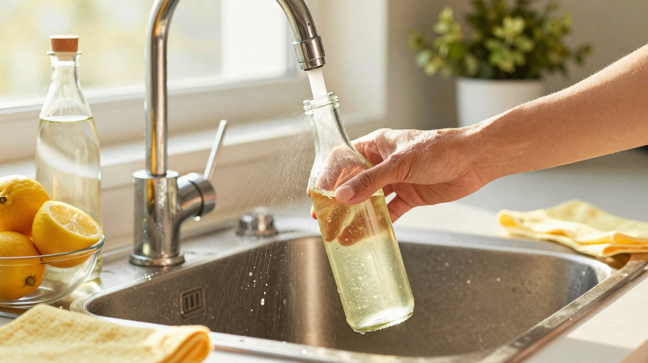 Hand füllt Glasflasche mit Zitronenwasser an der Küchenspüle neben Schale mit Zitronen und Putztuch.