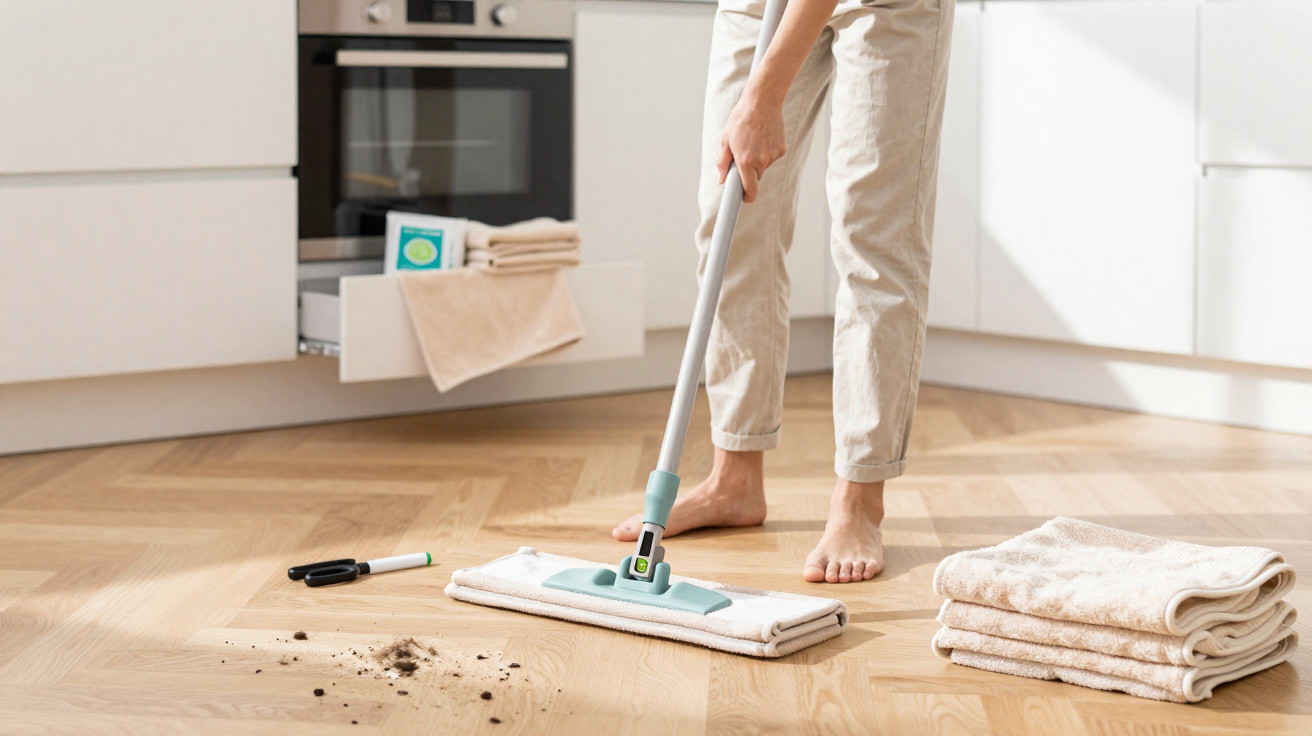 Person wischt barfuß mit Wischmopp verschmutzten Parkettboden in moderner Küche.