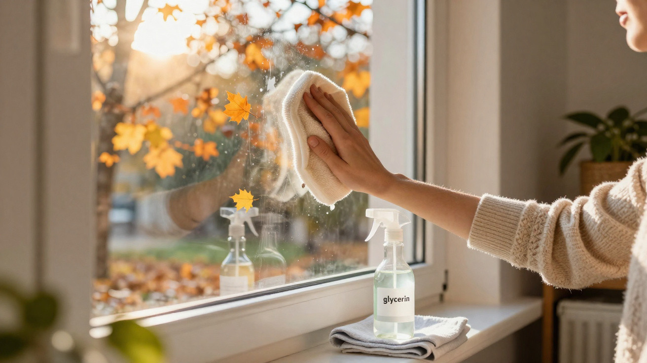 Hand wischt mit Tuch ein Fenster, Herbstblätter draußen, Flasche mit Glycerin auf Fensterbrett im warmen Licht.