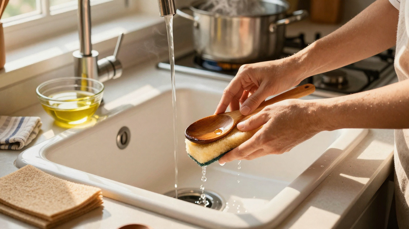 Person spült einen Holzlöffel mit einem Schwamm unter fließendem Wasser in der Küchenspüle.