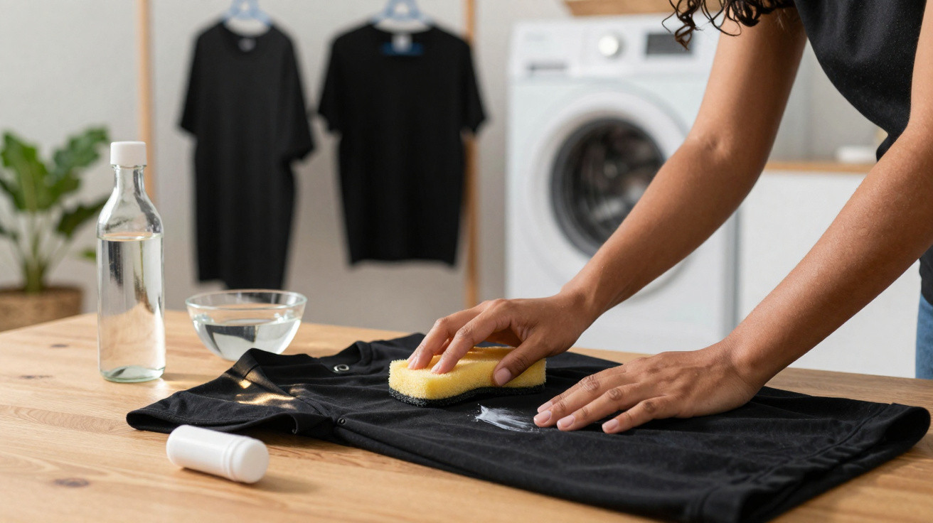 Person reinigt schwarzes T-Shirt mit Schwamm auf Holztisch, im Hintergrund Waschmaschine und getrocknete Kleidung.