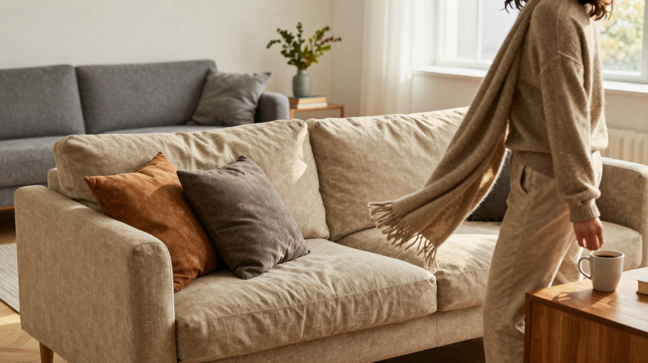 Frau geht mit Tasse an einem hellen, gemütlichen Wohnzimmer mit beiger Couch und Kissen vorbei.