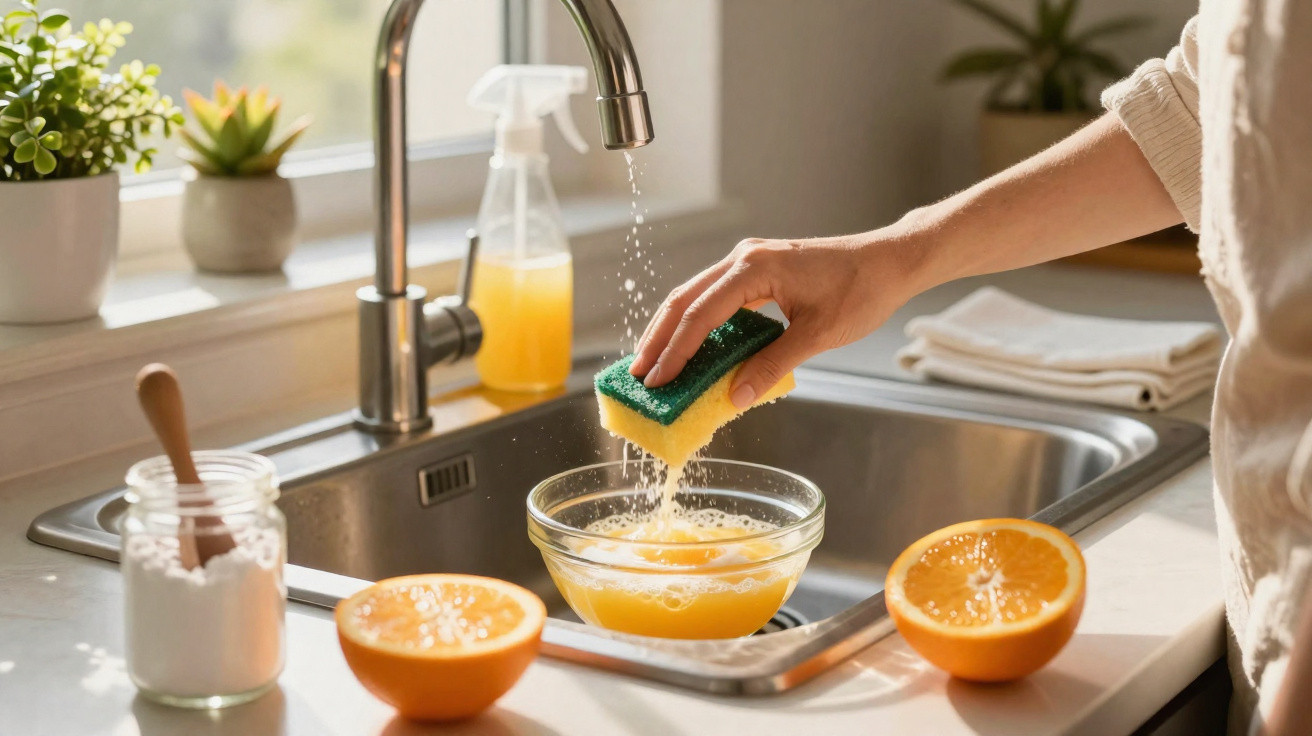 Eine Hand hält einen Schwamm unter fließendem Wasser am Küchenwaschbecken mit Orangen und Backzutaten.