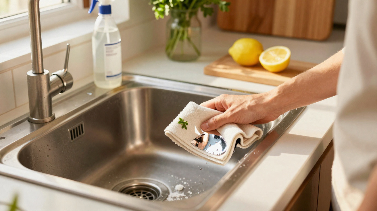 Hand wischt Spüle mit weißem Tuch in heller Küche mit Zitrone und Pflanze im Hintergrund ab.