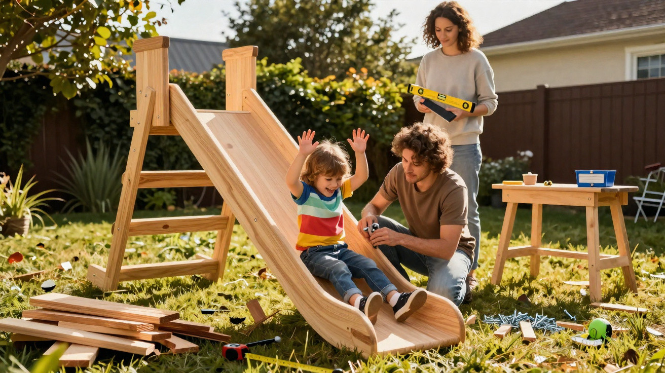 Familie baut gemeinsam eine Holzrutsche im Garten, Kind rutscht lachend herunter, Eltern helfen und messen aus.