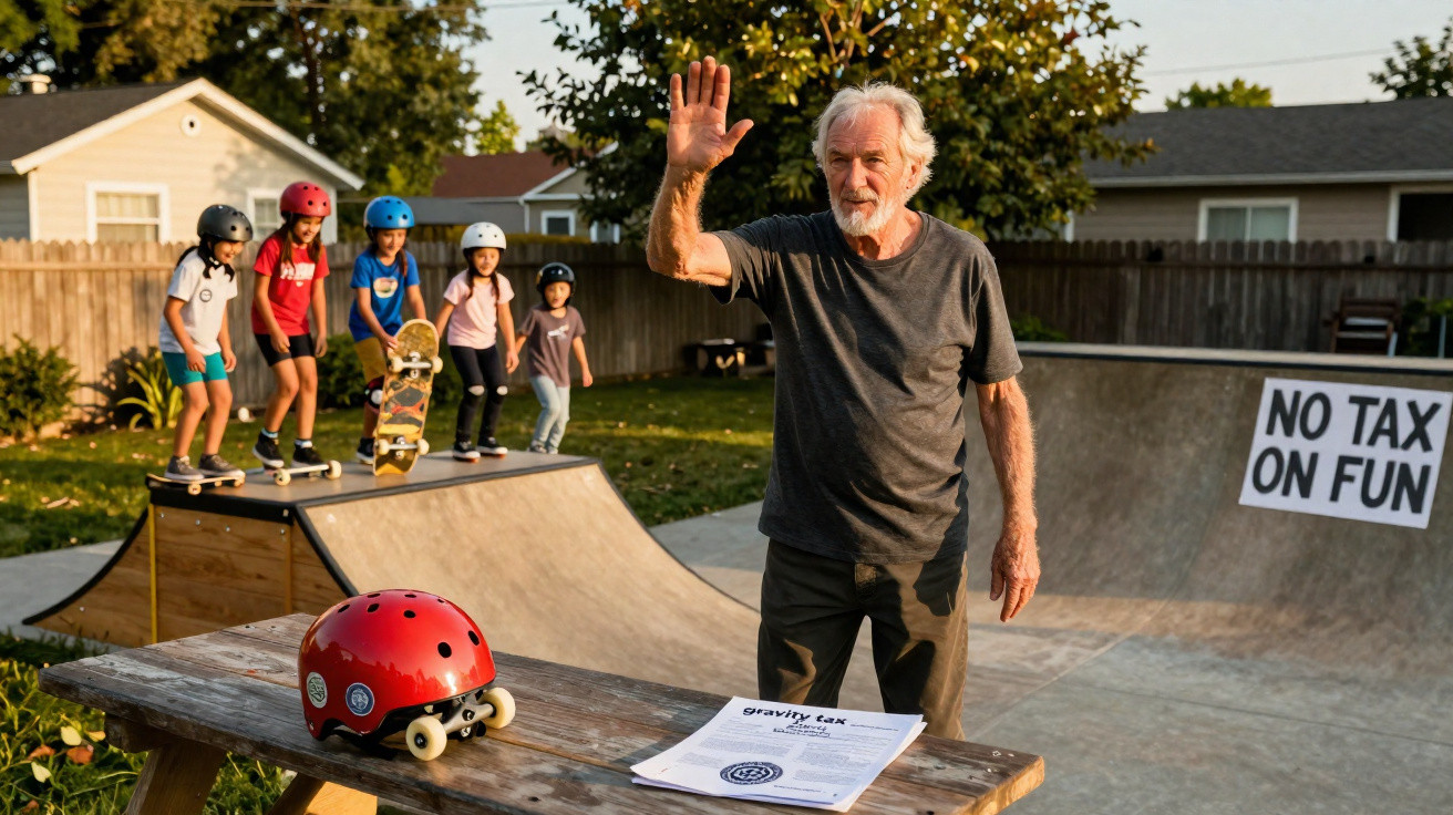 Älterer Mann hebt Hand bei Skatepark mit Kindern auf Rampen und Schild „No Tax On Fun“ im Hintergrund.