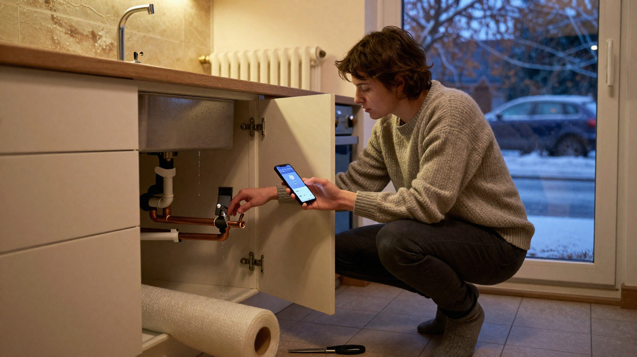 Junge Person überprüft zu Hause unter der Küchenspüle mit Smartphone und Werkzeug die Wasserleitung.