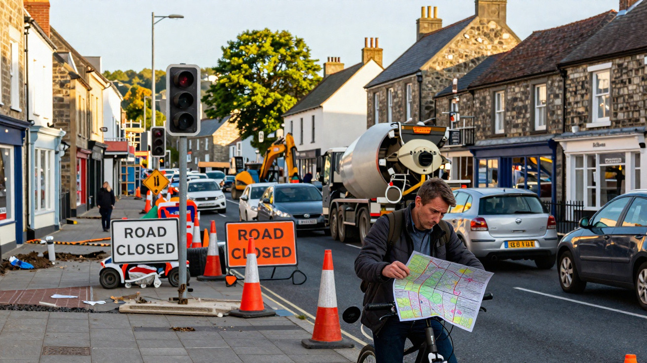 Mann auf Fahrrad liest Karte vor einer gesperrten Straße mit Baustelle und Verkehr im Ortskern.
