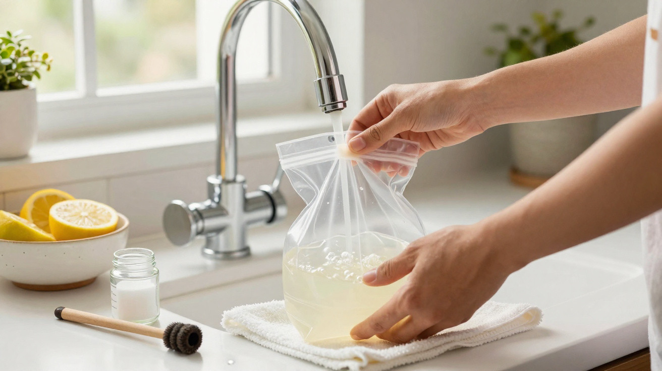 Hand füllt Plastikbeutel mit Zitronenwasser an einem Küchenwaschbecken mit Zubehör.