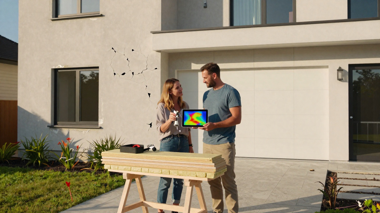 Paar steht vor Haus mit Rissen in der Wand und betrachtet Wärmekarte auf einem Tablet.