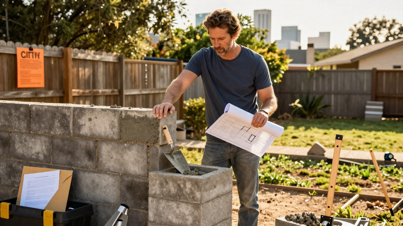 Mann mit Bauplan vermauert Ziegel mit Kelle auf offener Baustelle im Garten bei Sonnenlicht.
