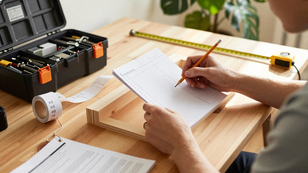 Person notiert handschriftlich auf einem Formular mit Bleistift auf einem Holztisch neben Werkzeugkasten und Holzbrett