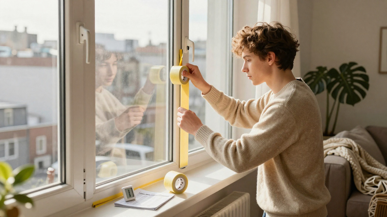 Junger Mann klebt Fensterrahmen mit gelbem Klebeband ab, wohnzimmer mit Pflanze und Sofa im Hintergrund.