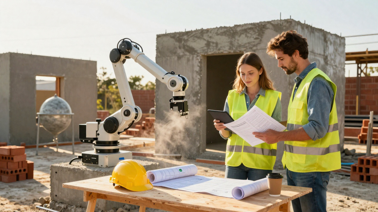 Zwei Bauingenieure mit Warnwesten prüfen Pläne neben einem Industrieroboter auf einer Baustelle.