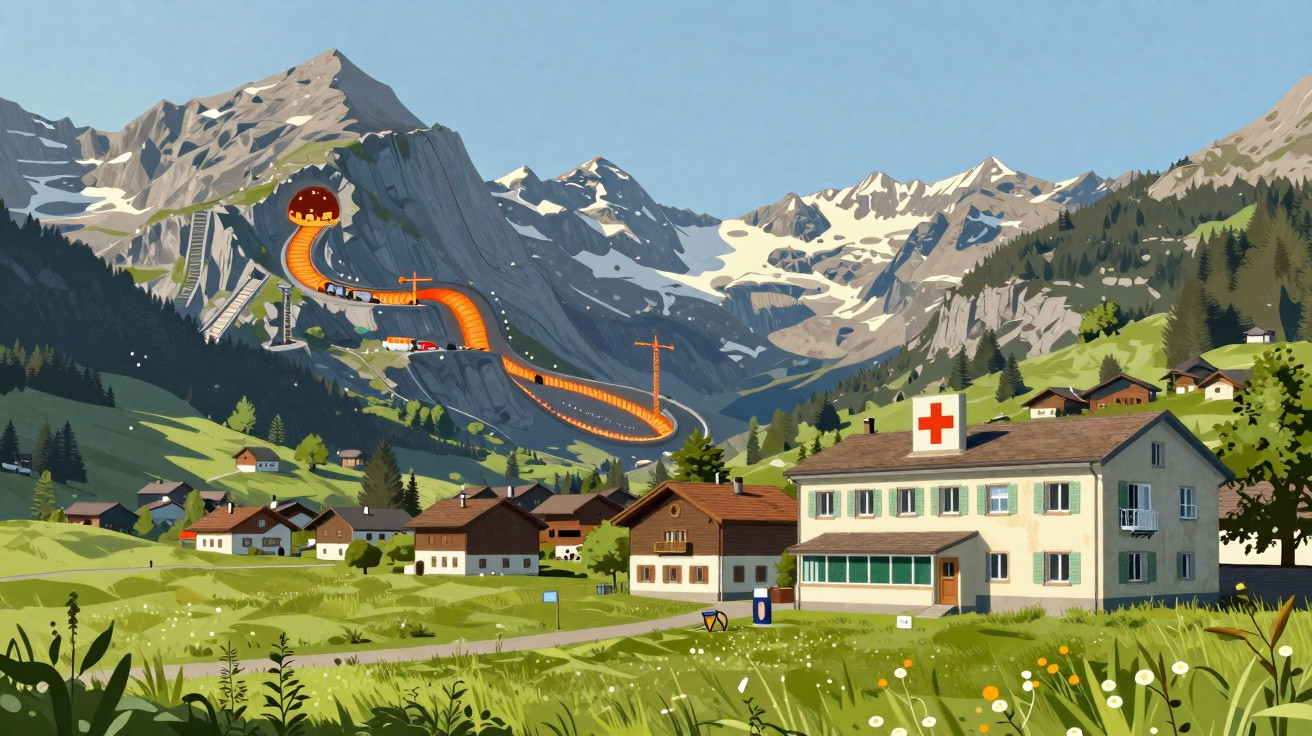 Bergdorf mit Häusern, grüner Wiese, Klinikgebäude und Ski-Sprungschanze vor schneebedeckten Alpenbergen.