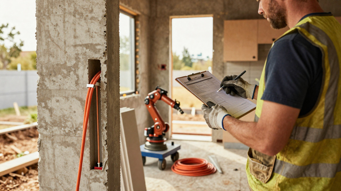 Bauarbeiter mit Schutzweste und Handschuhen prüft Dokument auf Baustelle mit Roboterarm im Hintergrund.