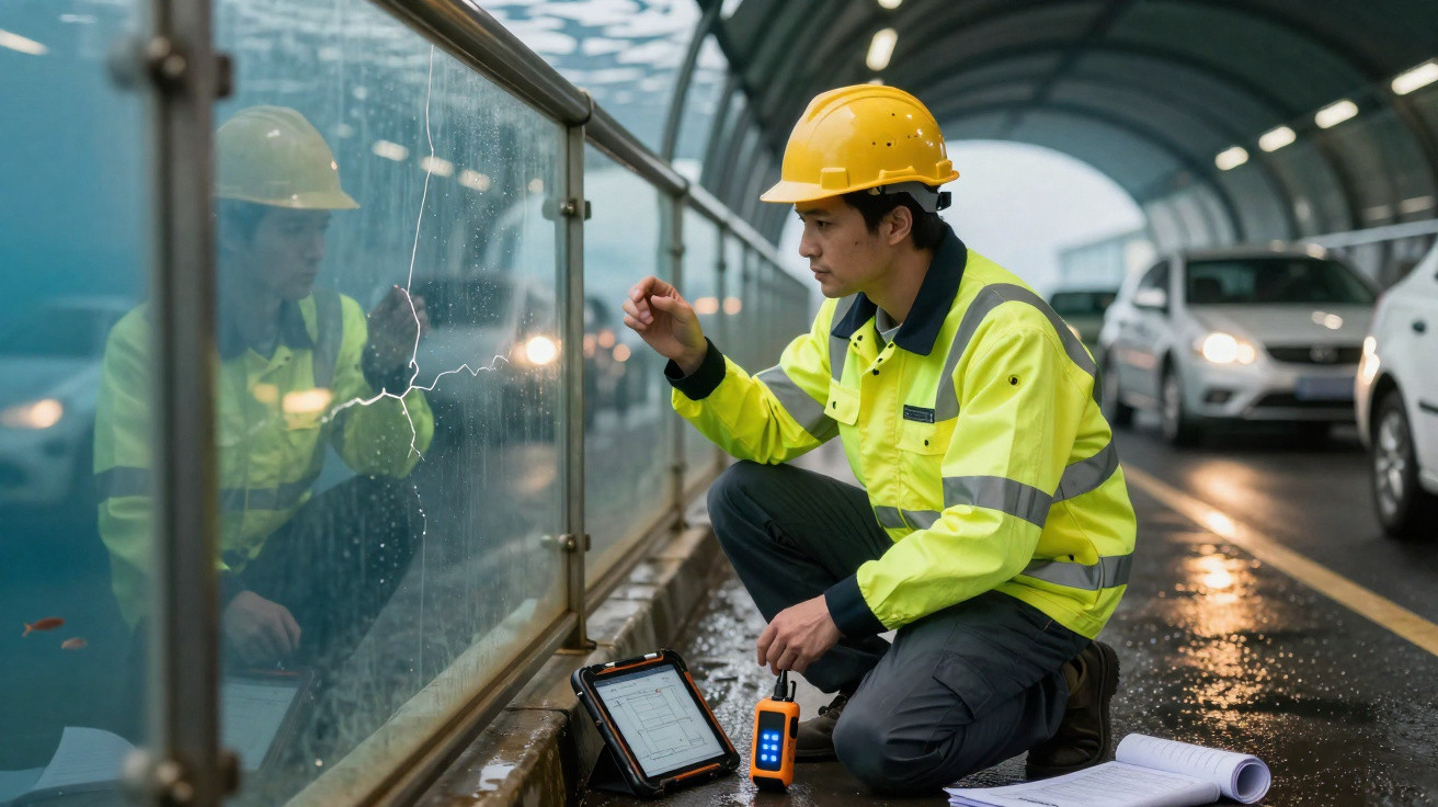 Ein Arbeiter mit Helm und Warnjacke untersucht einen Riss in einer Glaswand im Tunnel bei nassem Boden.