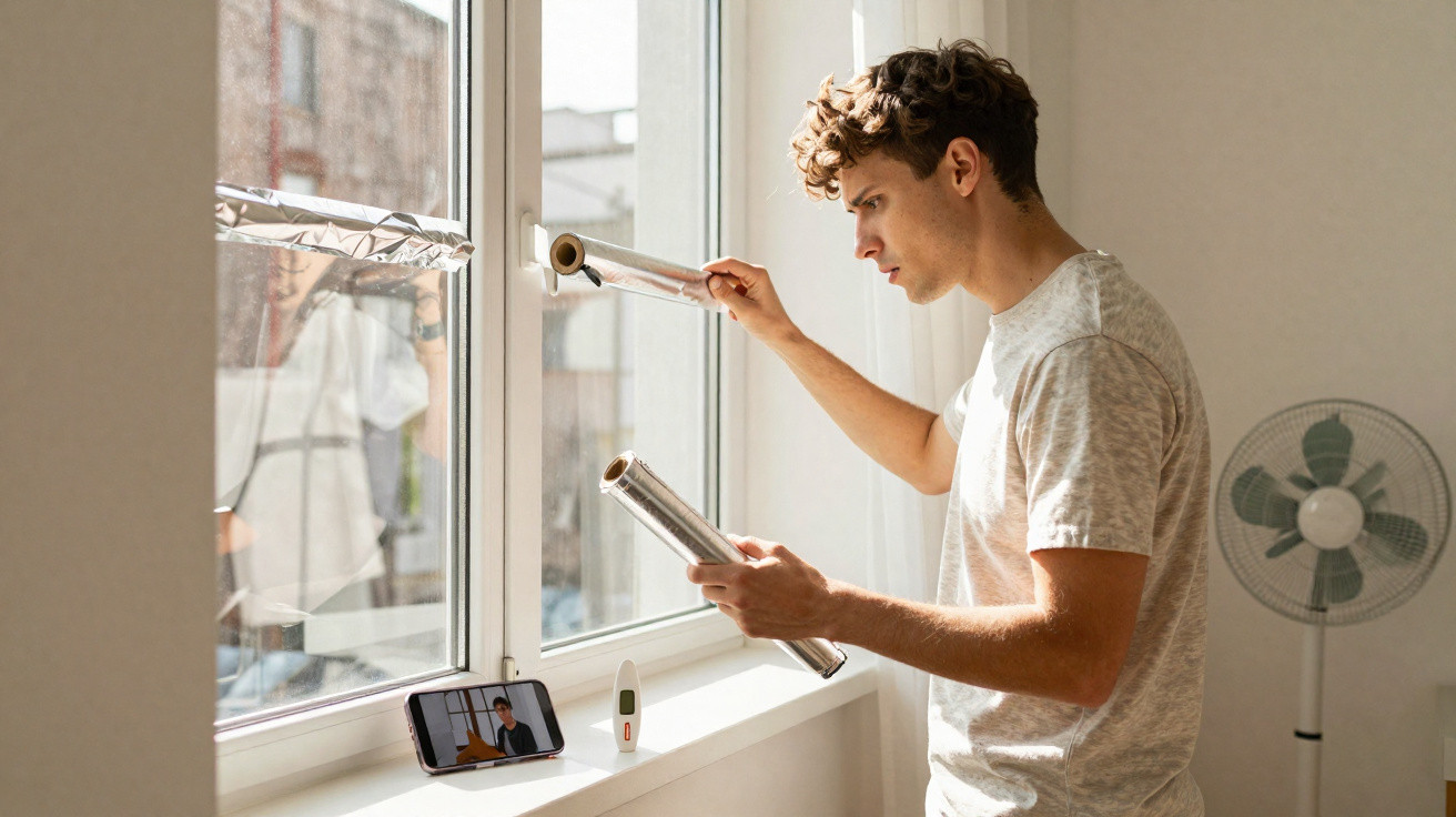 Junger Mann klebt Sonnenfolie auf ein Fenster, neben ihm stehen ein Ventilator, ein Thermometer und ein Smartphone.