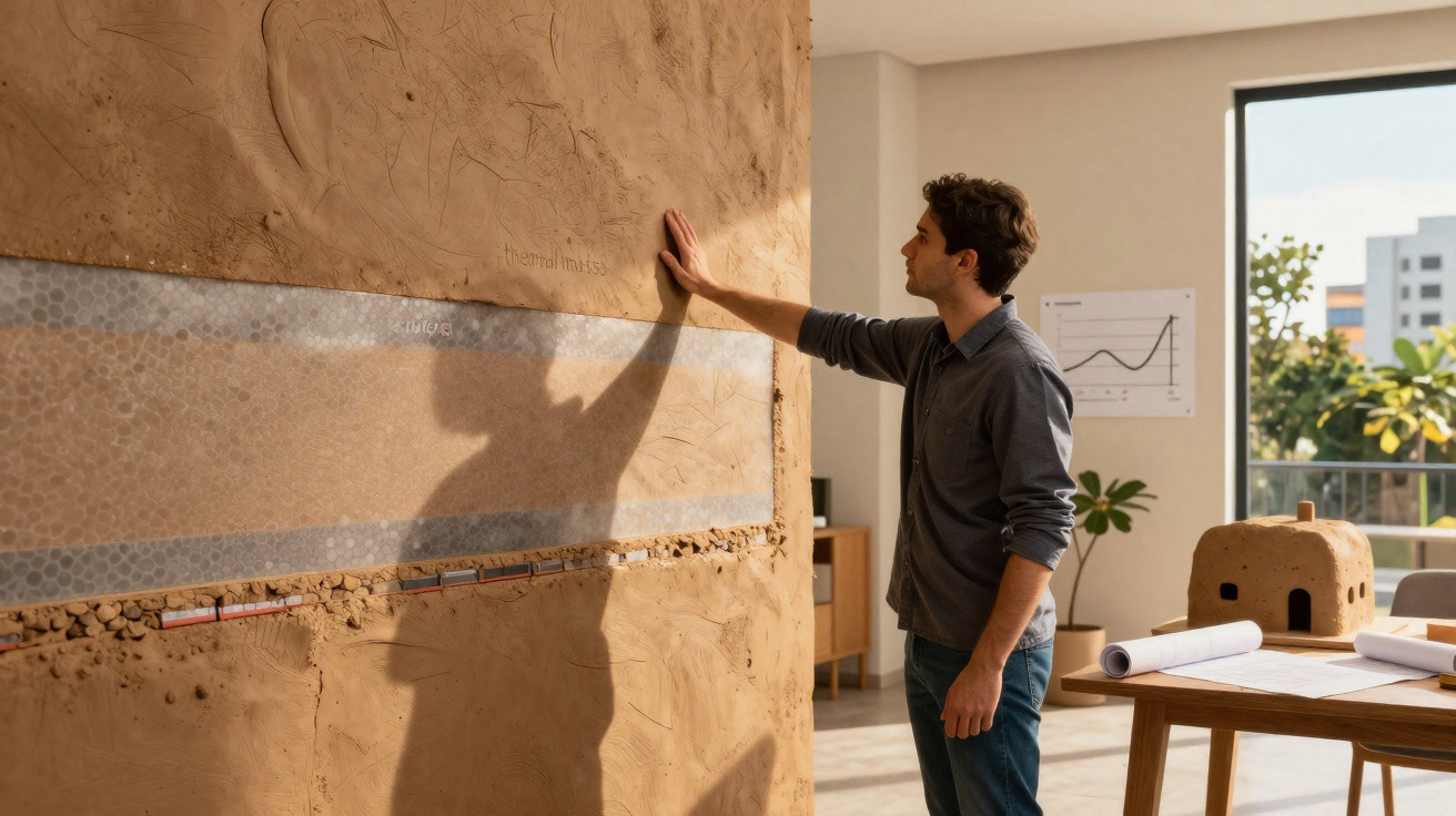 Mann berührt eine Lehmwand im hellen Raum mit Bauplänen und Diagramm im Hintergrund.