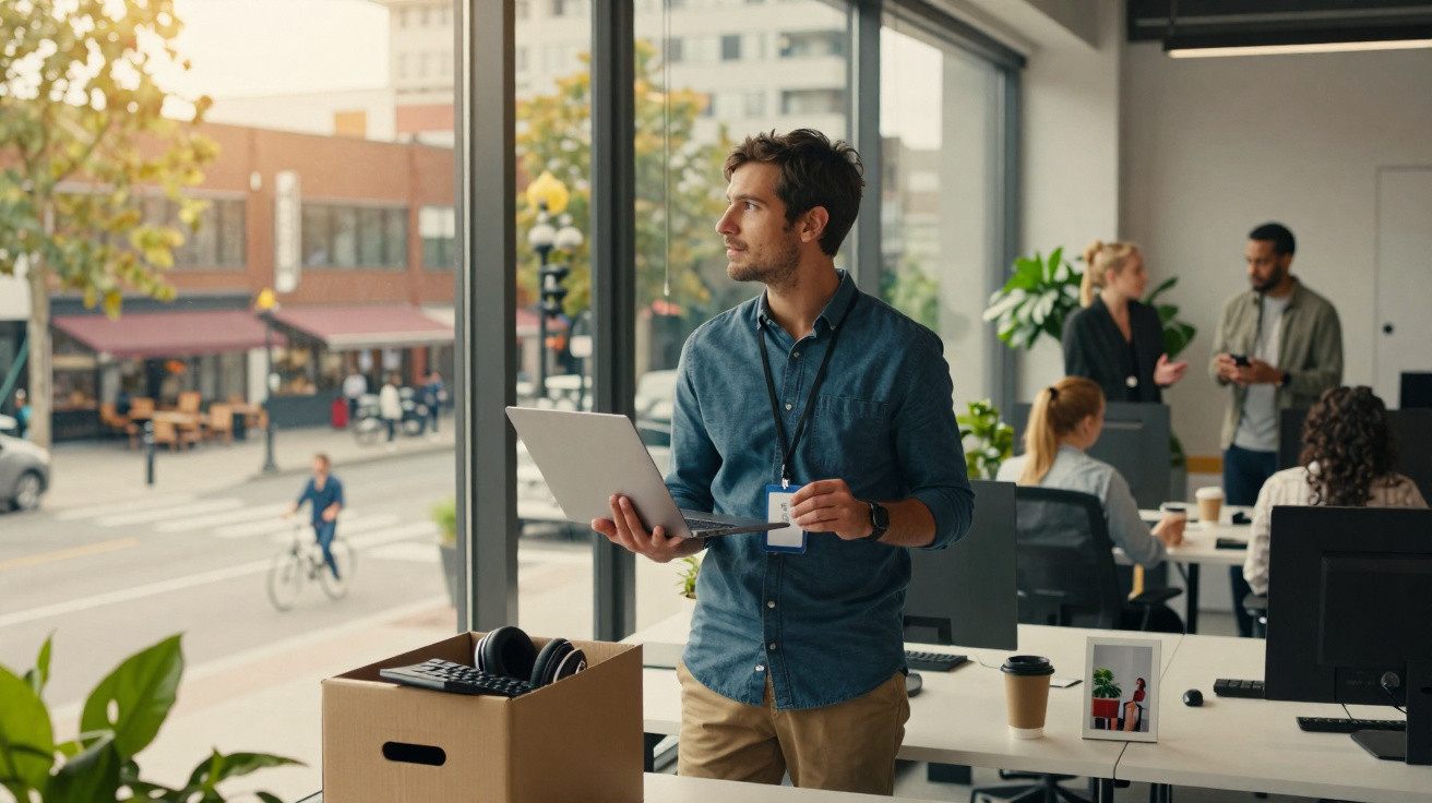 Mann mit Laptop steht im modernen Büro neben Umzugskarton und blickt aus dem Fenster.
