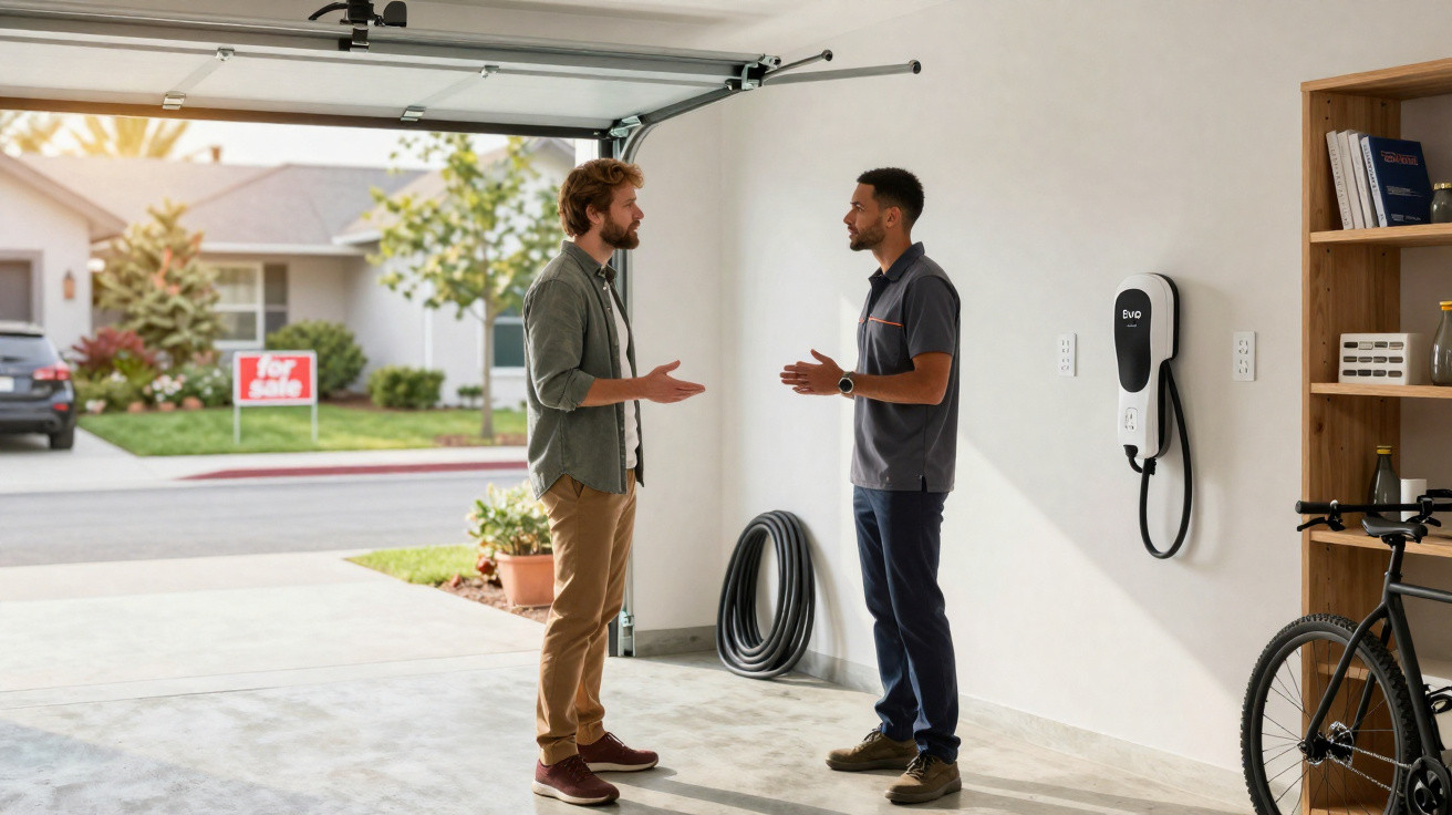 Zwei Männer sprechen in einer Garage mit E-Auto-Ladestation, im Hintergrund Haus mit "Zu verkaufen"-Schild.