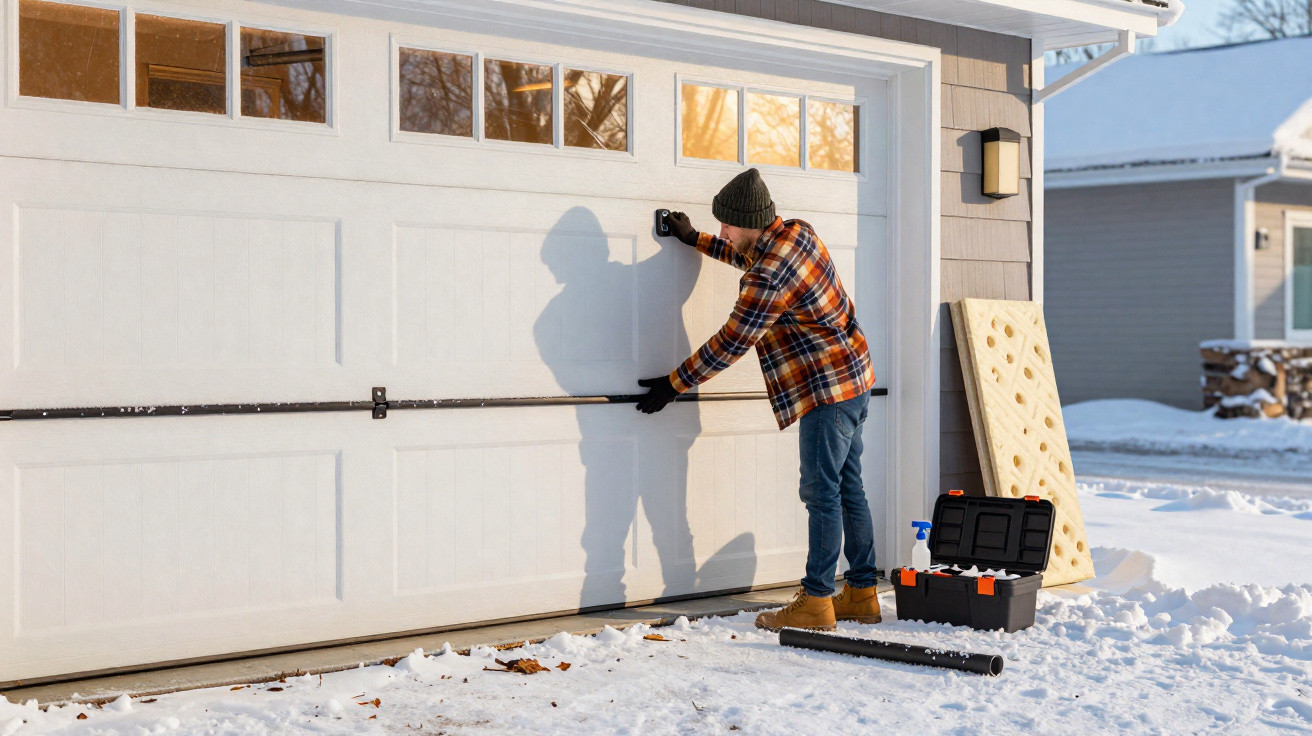 Mann in Winterkleidung repariert eine weiße Garage an einem verschneiten Haus mit Werkzeugsatz.