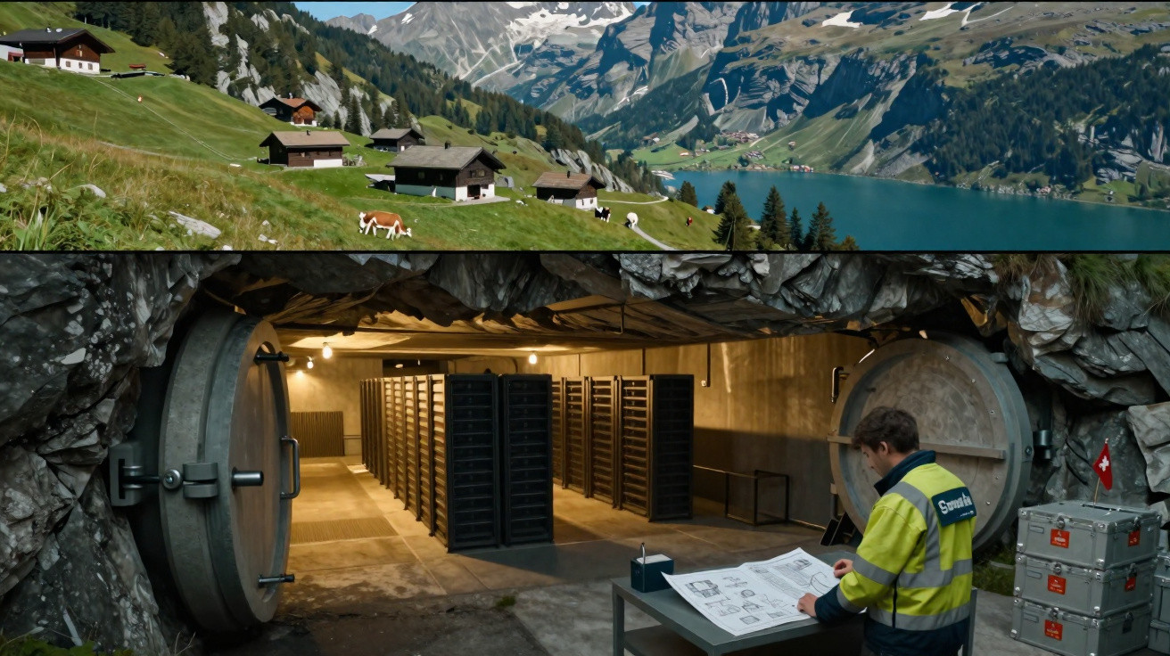 Berglandschaft mit Almhütten und See, darunter ein geheimer unterirdischer Bunker mit einem Arbeiter am Tisch.